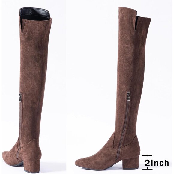 Women Coffee\2 Ihch Suede Over the Knee Thigh High Chunky Block Heel Boots - Picture 3 of 6